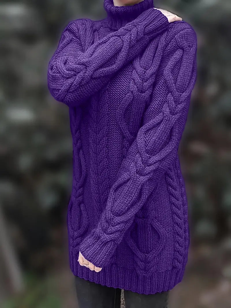 Chunky Cable Knit Turtleneck Sweater – Oversized Long Pullover