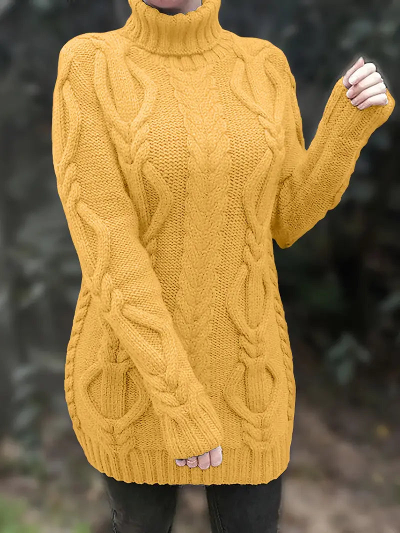 Chunky Cable Knit Turtleneck Sweater – Oversized Long Pullover