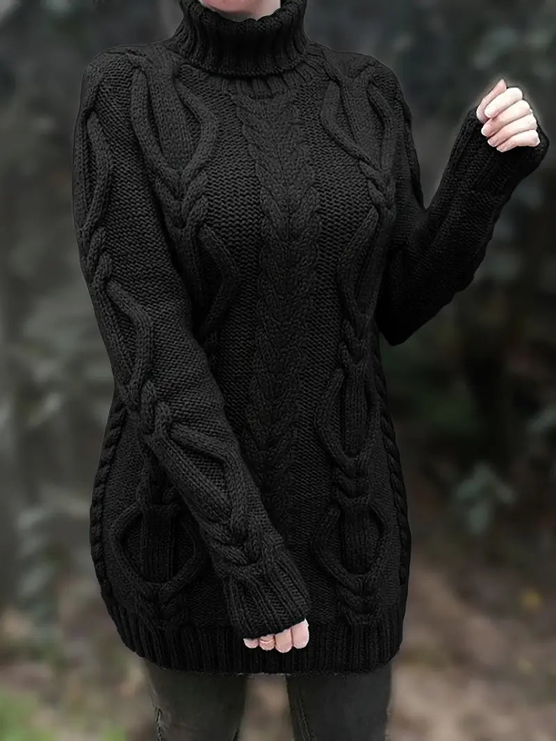 Chunky Cable Knit Turtleneck Sweater – Oversized Long Pullover