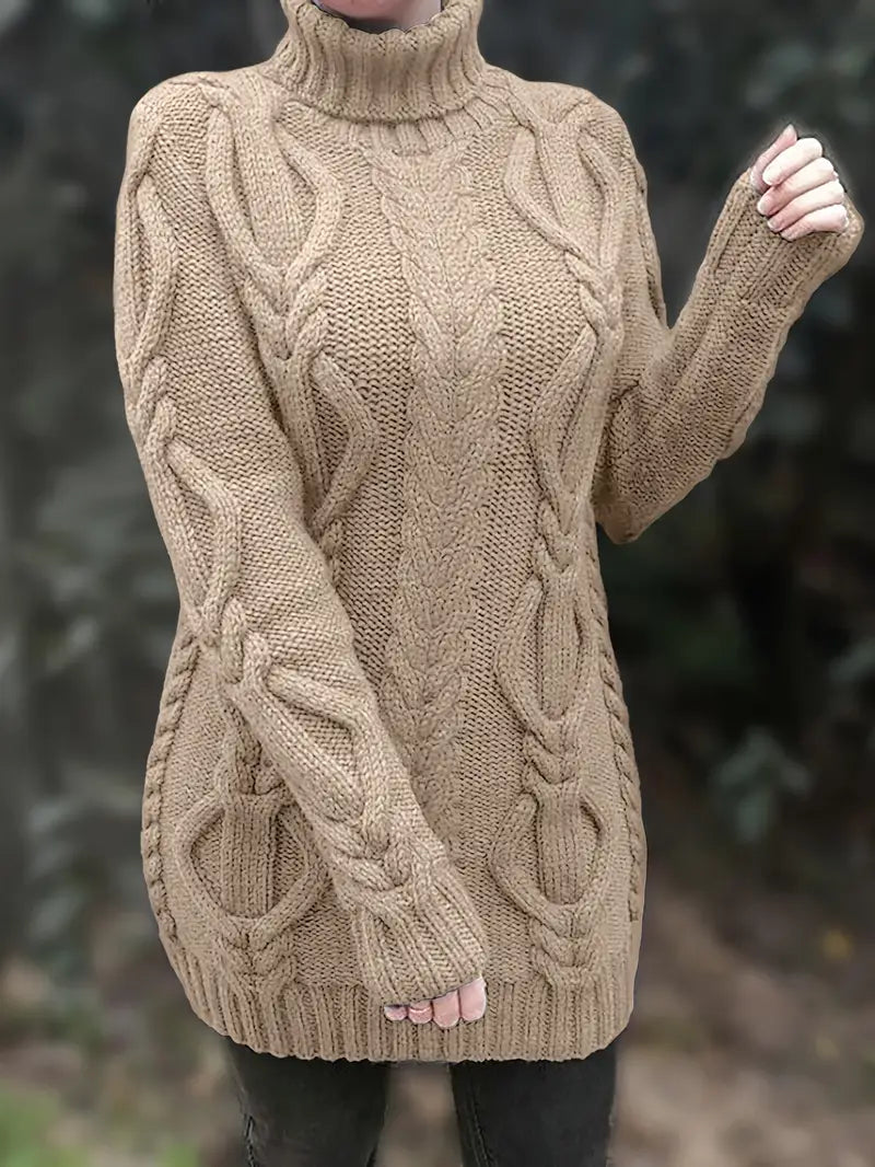 Chunky Cable Knit Turtleneck Sweater – Oversized Long Pullover
