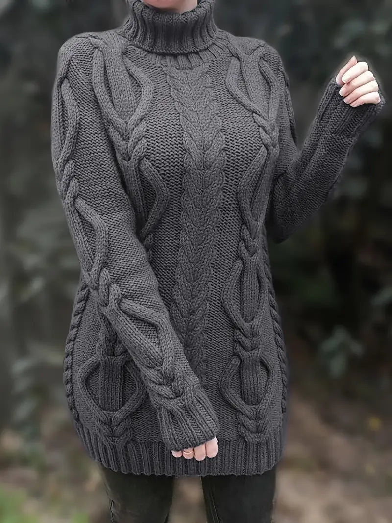 Chunky Cable Knit Turtleneck Sweater – Oversized Long Pullover