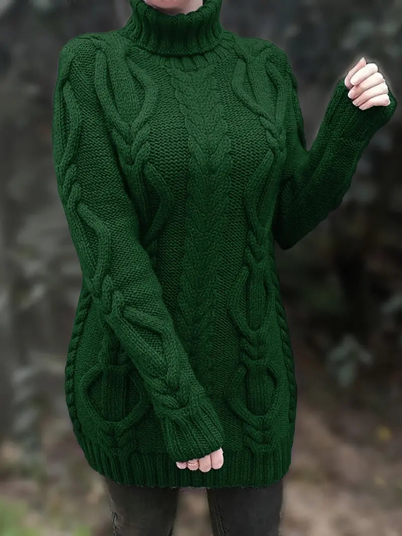 Chunky Cable Knit Turtleneck Sweater – Oversized Long Pullover