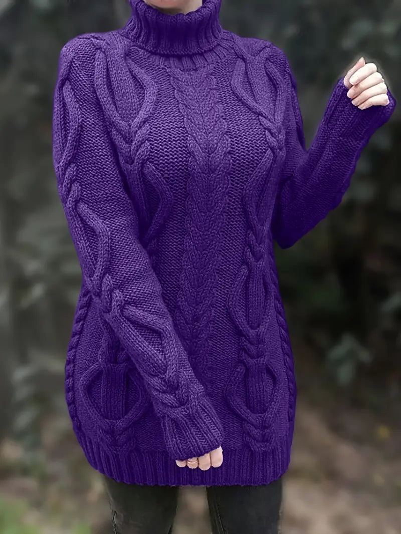 Chunky Cable Knit Turtleneck Sweater – Oversized Long Pullover
