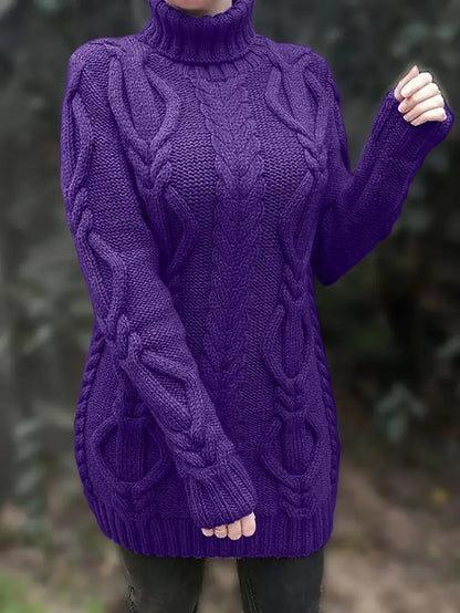 Chunky Cable Knit Turtleneck Sweater – Oversized Long Pullover