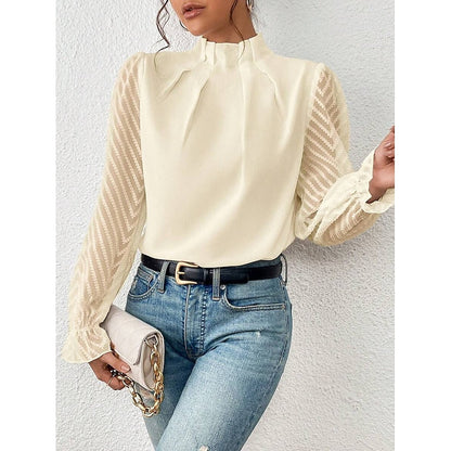 Pleated Mock Neck Blouse – Sheer Lace Sleeve Long Sleeve Top