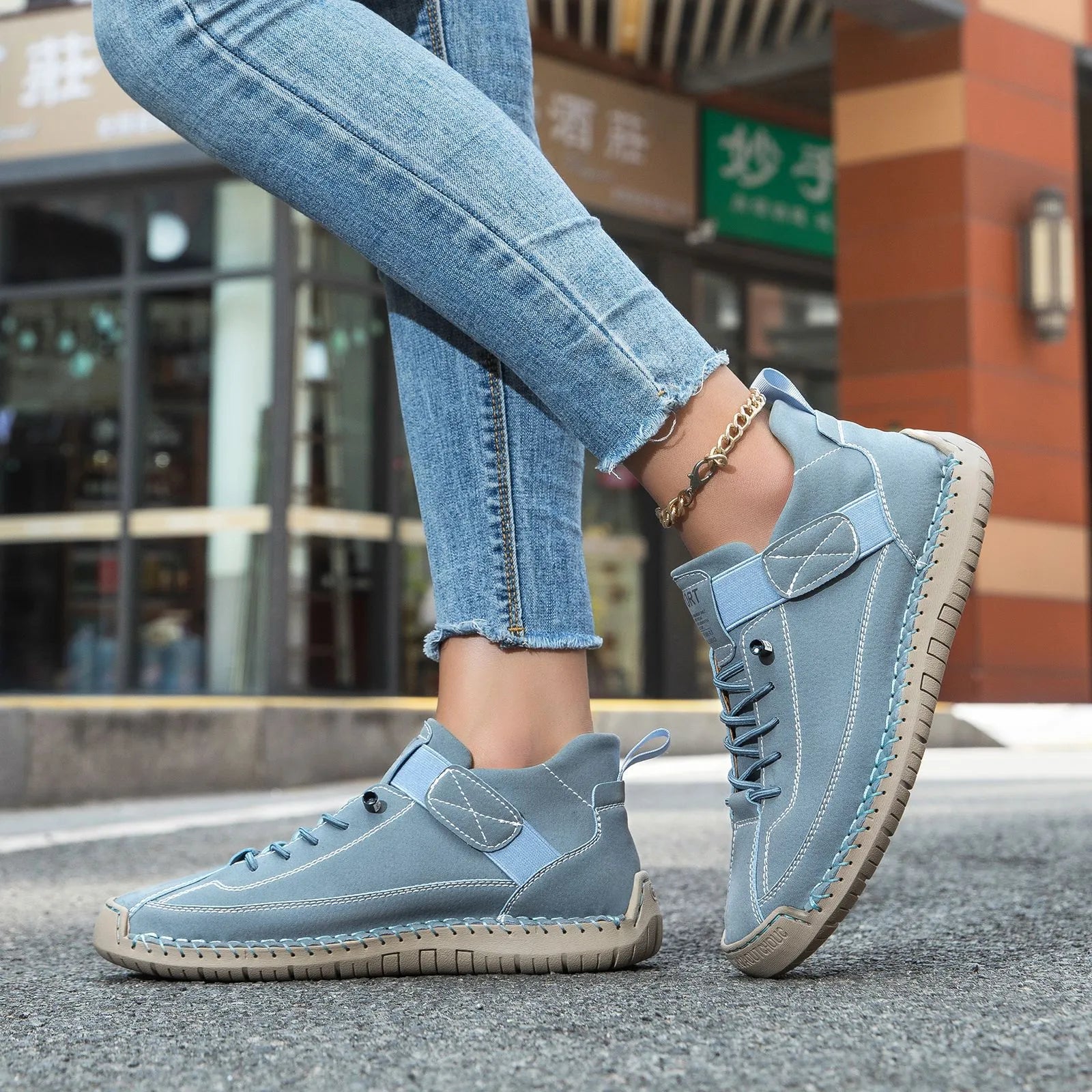 Hand-Stitched Suede Lace-Up Sneakers – Low-Top Casual Walking Shoes