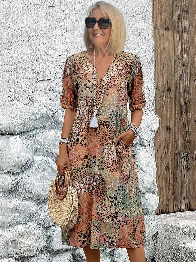 Women's Floral Midi Dress – V-Neck Half Sleeve Boho Summer Dress with Pockets