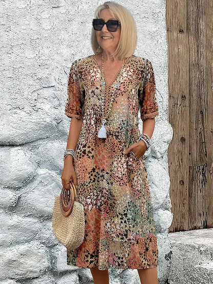 Women's Floral Midi Dress – V-Neck Half Sleeve Boho Summer Dress with Pockets