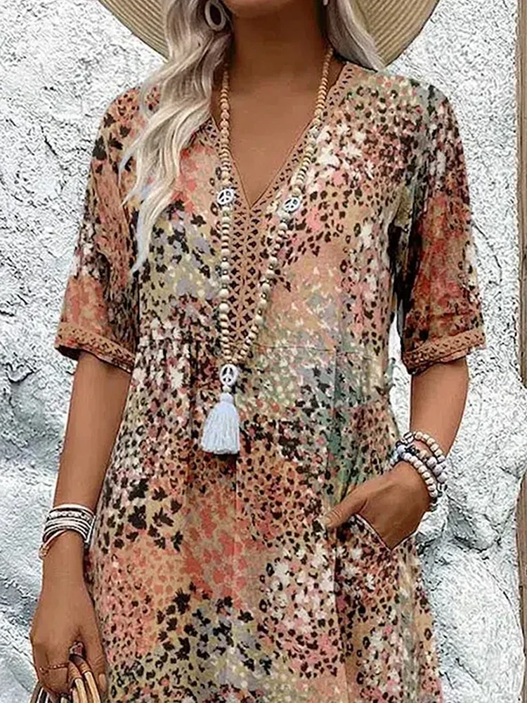 Women's Floral Midi Dress – V-Neck Half Sleeve Boho Summer Dress with Pockets