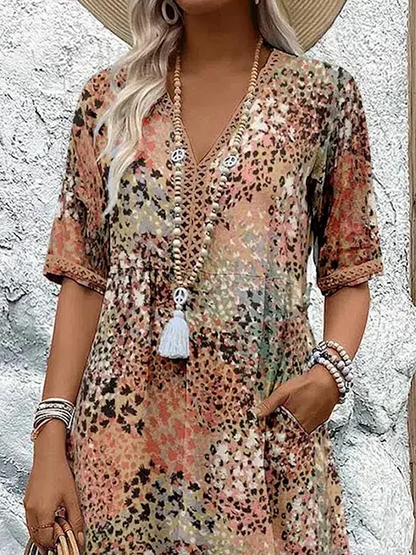 Women's Floral Midi Dress – V-Neck Half Sleeve Boho Summer Dress with Pockets