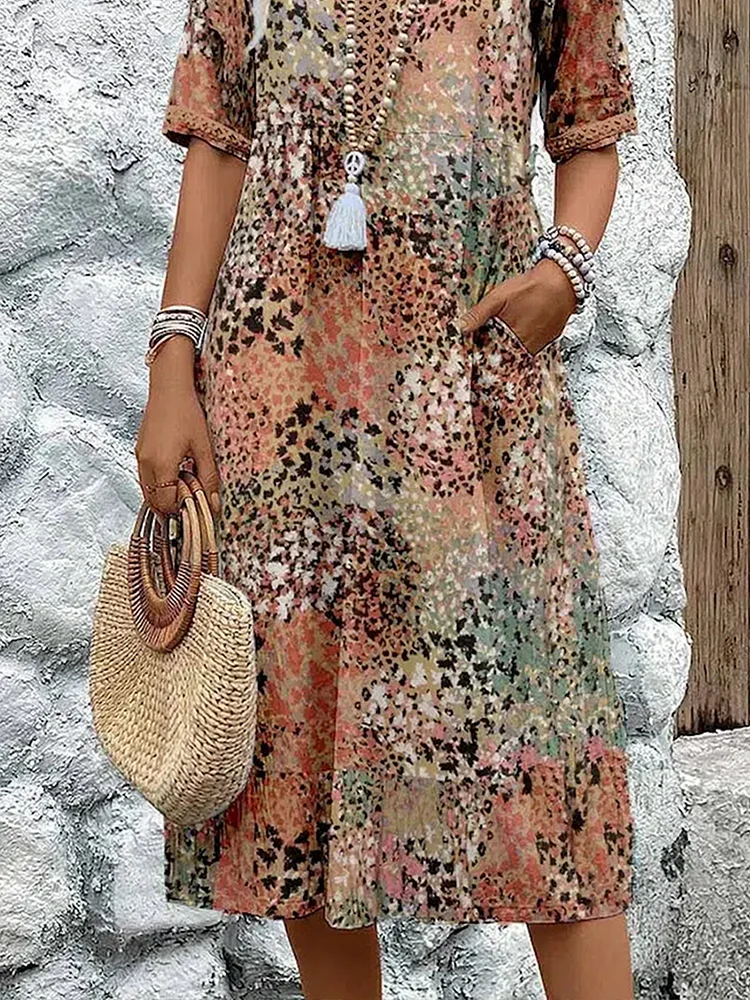 Women's Floral Midi Dress – V-Neck Half Sleeve Boho Summer Dress with Pockets