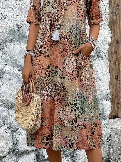 Women's Floral Midi Dress – V-Neck Half Sleeve Boho Summer Dress with Pockets