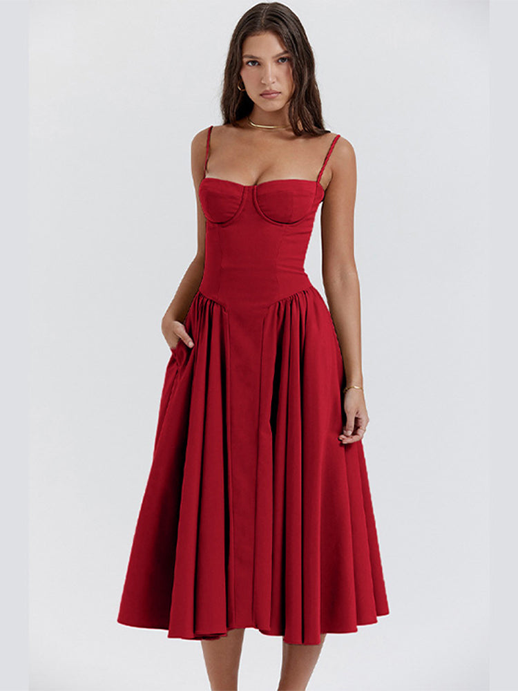 Corset Midi Dress – Fit and Flare Spaghetti Strap A-Line