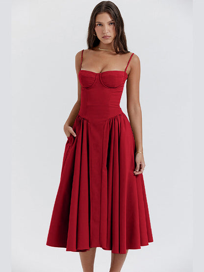 Corset Midi Dress – Fit and Flare Spaghetti Strap A-Line