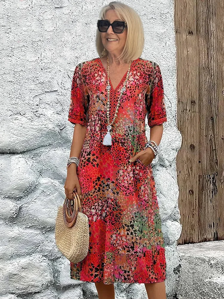 Women's Floral Midi Dress – V-Neck Half Sleeve Boho Summer Dress with Pockets
