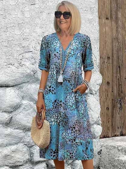 Women's Floral Midi Dress – V-Neck Half Sleeve Boho Summer Dress with Pockets
