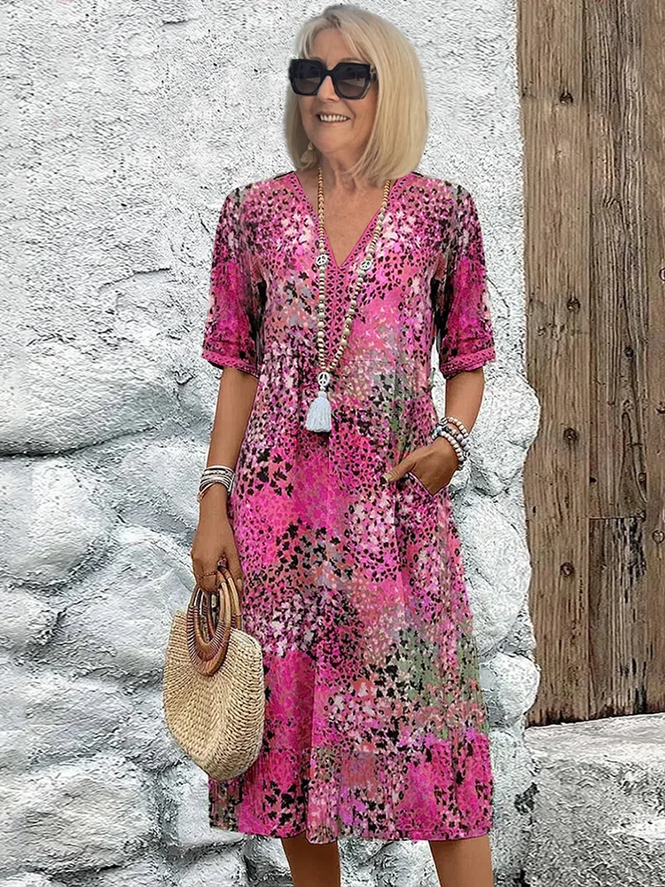 Women's Floral Midi Dress – V-Neck Half Sleeve Boho Summer Dress with Pockets