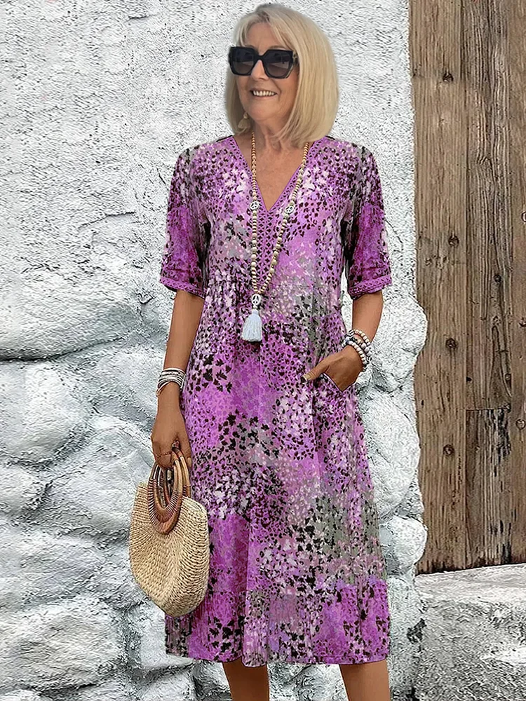 Women's Floral Midi Dress – V-Neck Half Sleeve Boho Summer Dress with Pockets