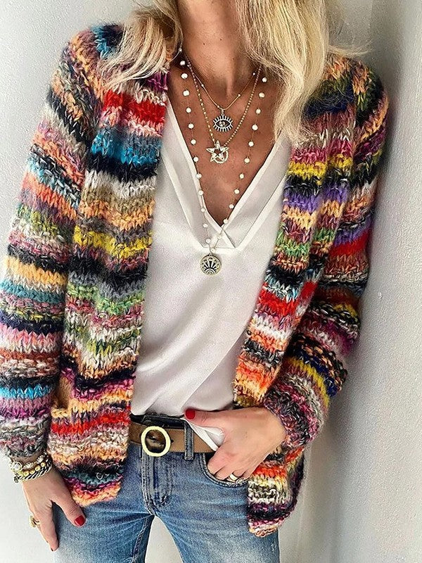 Multicolor Striped Knit Cardigan – Open Front Long Sleeve Layering