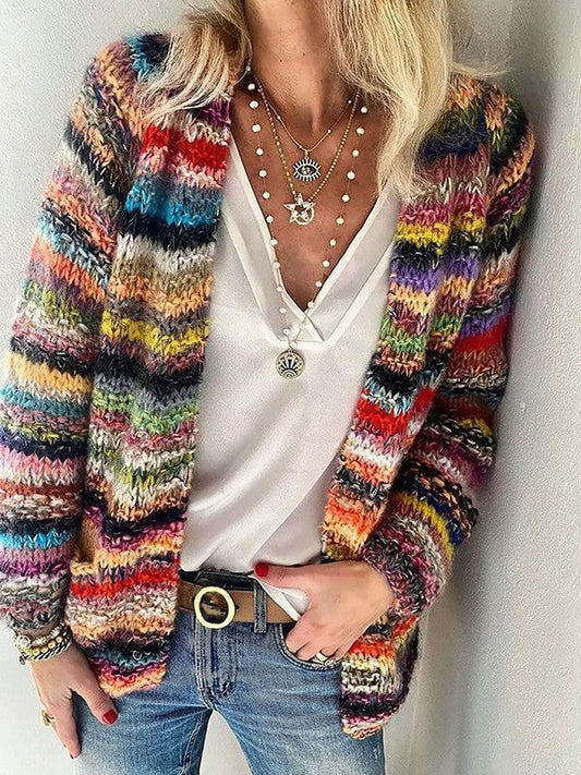 Multicolor Striped Knit Cardigan – Open Front Long Sleeve Layering