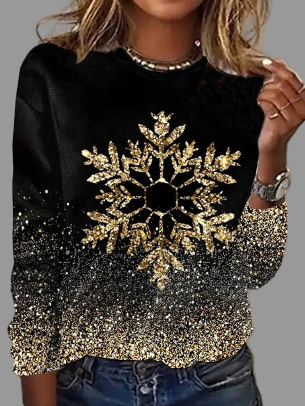 Gold Snowflake Christmas Sweatshirt – Glitter Print Long Sleeve Top