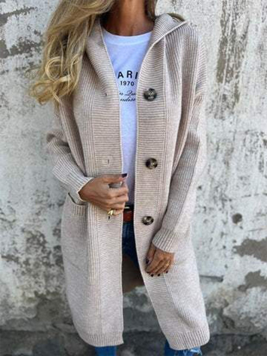 Ribbed Knit Hooded Cardigan – Button-Front Long Sweater Coat