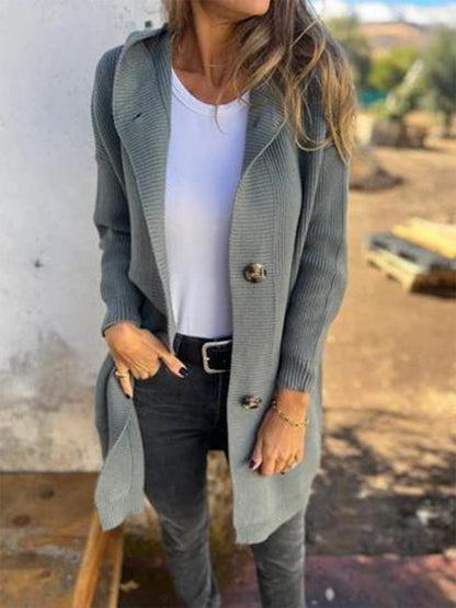Ribbed Knit Hooded Cardigan – Button-Front Long Sweater Coat