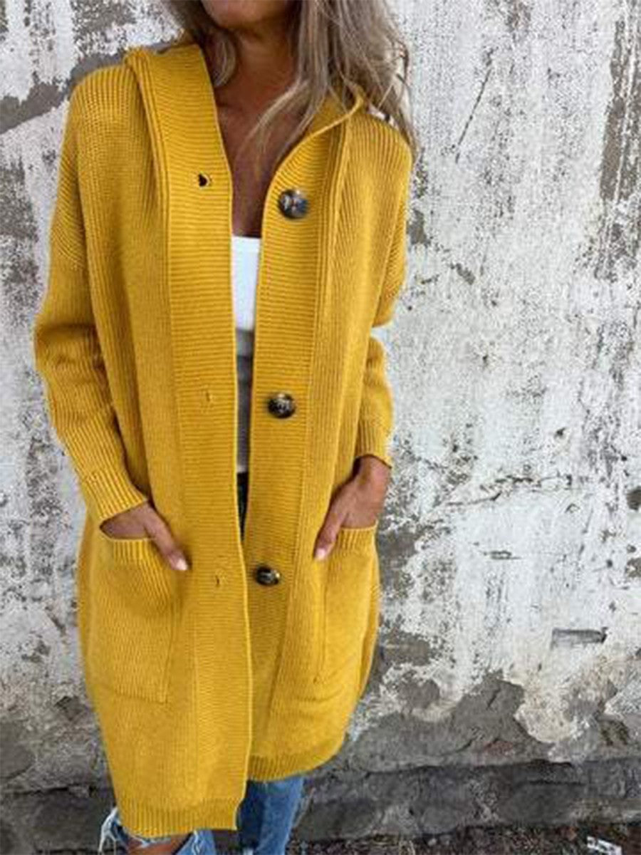 Ribbed Knit Hooded Cardigan – Button-Front Long Sweater Coat