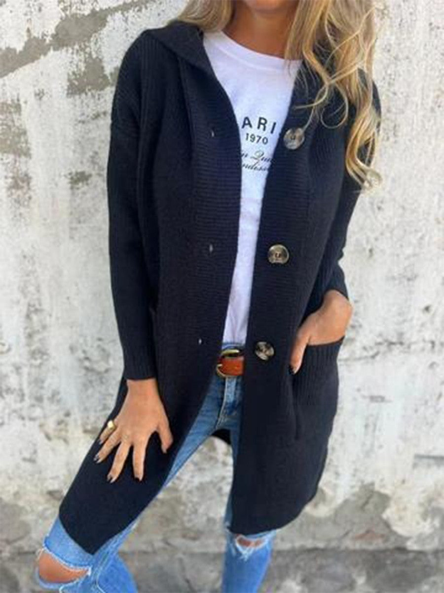 Ribbed Knit Hooded Cardigan – Button-Front Long Sweater Coat