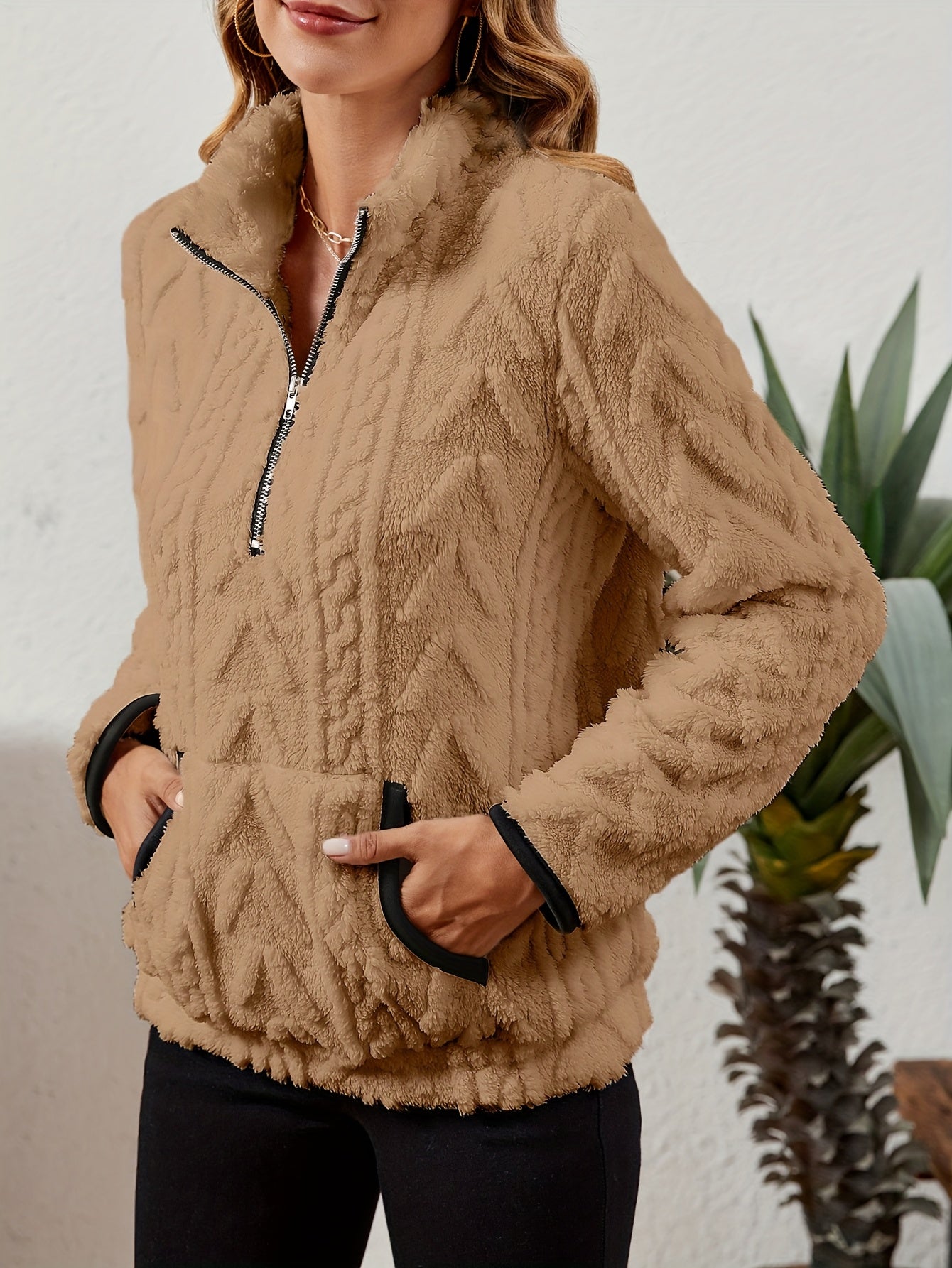 Sherpa Fleece Half-Zip Pullover – Textured Long Sleeve with Kangaroo Pocket