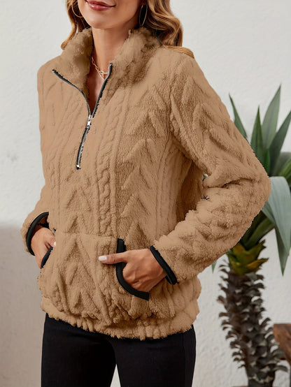 Sherpa Fleece Half-Zip Pullover – Textured Long Sleeve with Kangaroo Pocket
