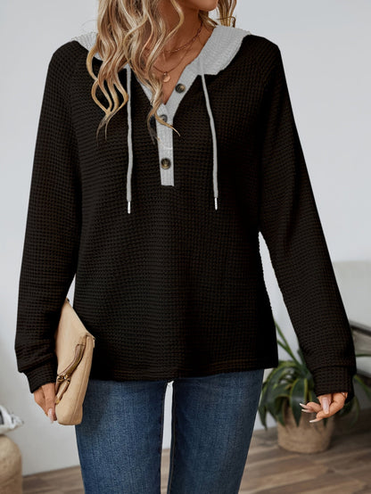 Waffle Knit Hoodie Top – Color Block Henley Long Sleeve