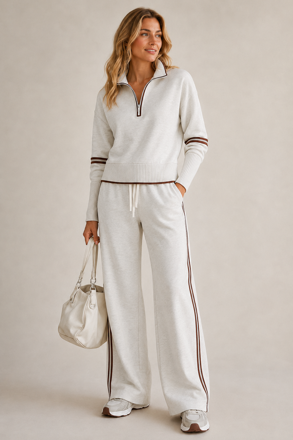 Knit Half-Zip Two-Piece Set – Wide-Leg Pants Stripe Detail