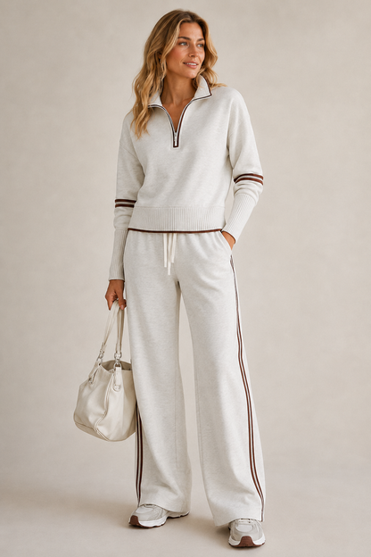 Knit Half-Zip Two-Piece Set – Wide-Leg Pants Stripe Detail