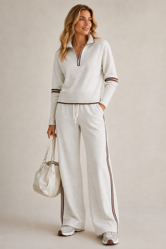 Knit Half-Zip Two-Piece Set – Wide-Leg Pants Stripe Detail