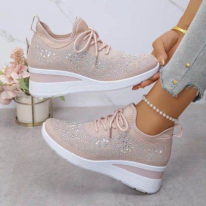 Rhinestone Knit Wedge Sneakers – Lace-Up Casual Platform Shoes