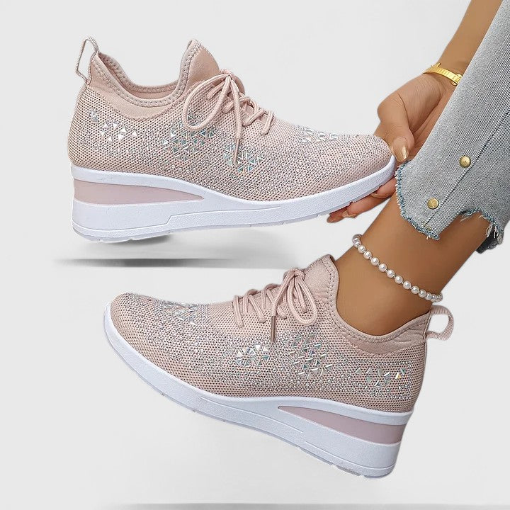 Rhinestone Wedge Sneakers – Women's Knit Lace-Up Platform Shoes