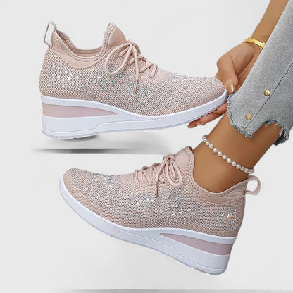Rhinestone Wedge Sneakers – Women's Knit Lace-Up Platform Shoes