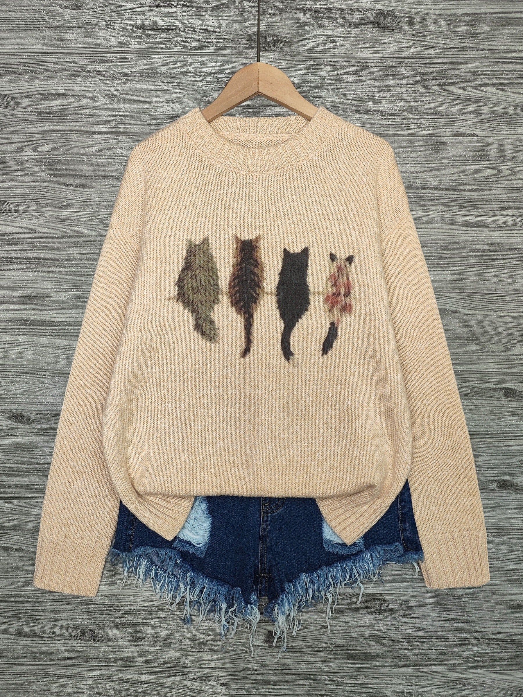Cat Print Knit Pullover Sweater – Crewneck Relaxed Fit Long Sleeve