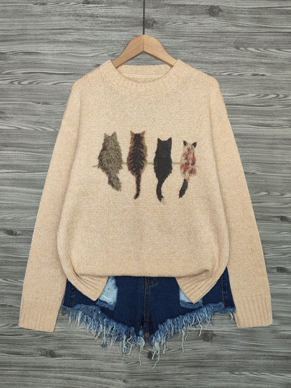 Cat Print Knit Pullover Sweater – Crewneck Relaxed Fit Long Sleeve