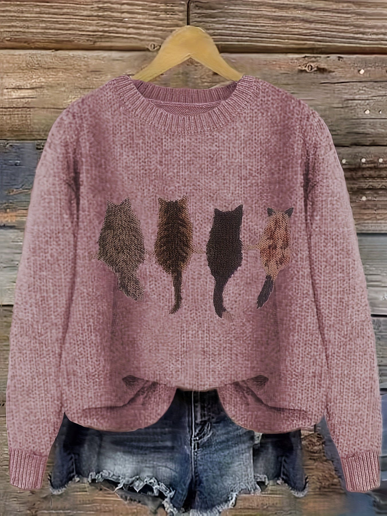Cat Print Knit Pullover Sweater – Crewneck Relaxed Fit Long Sleeve