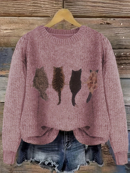Cat Print Knit Pullover Sweater – Crewneck Relaxed Fit Long Sleeve