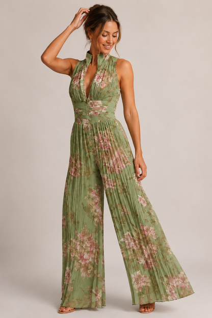 Pleated Wide-Leg Jumpsuit – Sleeveless Deep V-Neck Floral