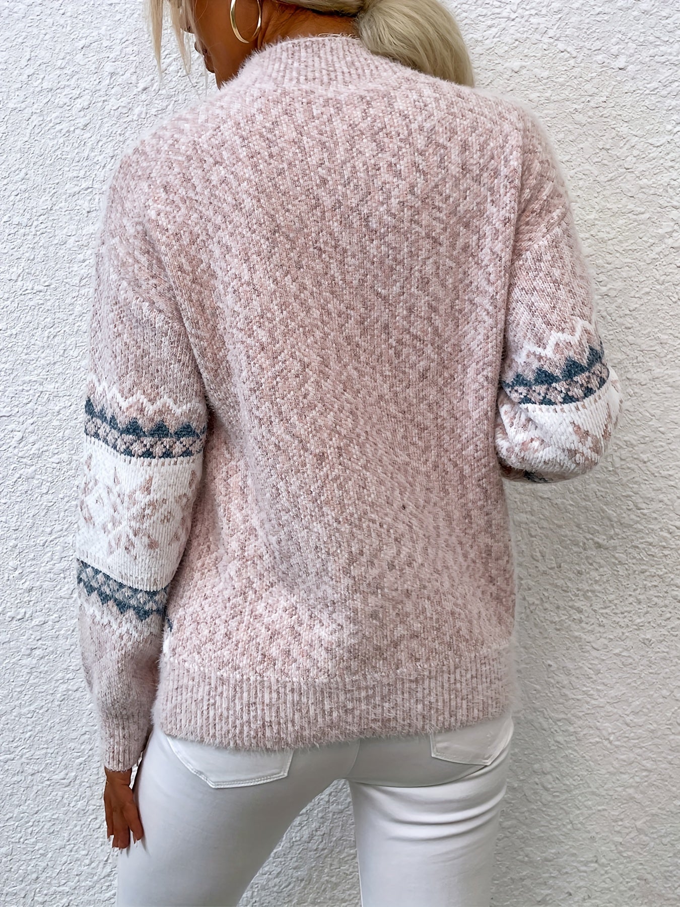 Fair Isle Snowflake Mock Neck Sweater – Relaxed Fit Winter Pullover
