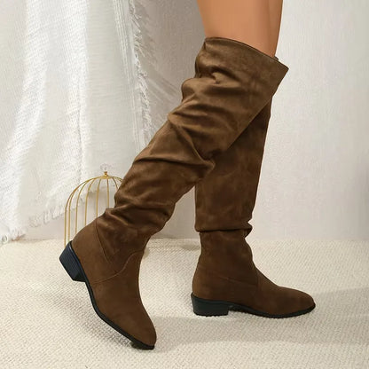 Faux Suede Over-the-Knee Slouch Boots – Block Heel Slip-On