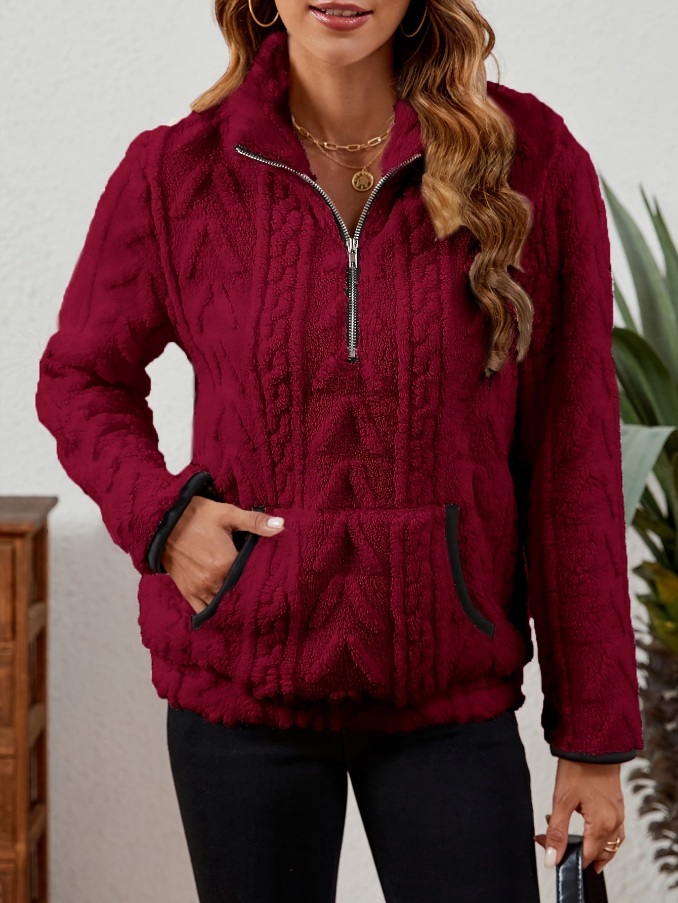 Sherpa Fleece Half-Zip Pullover – Textured Long Sleeve with Kangaroo Pocket