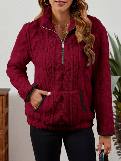 Sherpa Fleece Half-Zip Pullover – Textured Long Sleeve with Kangaroo Pocket