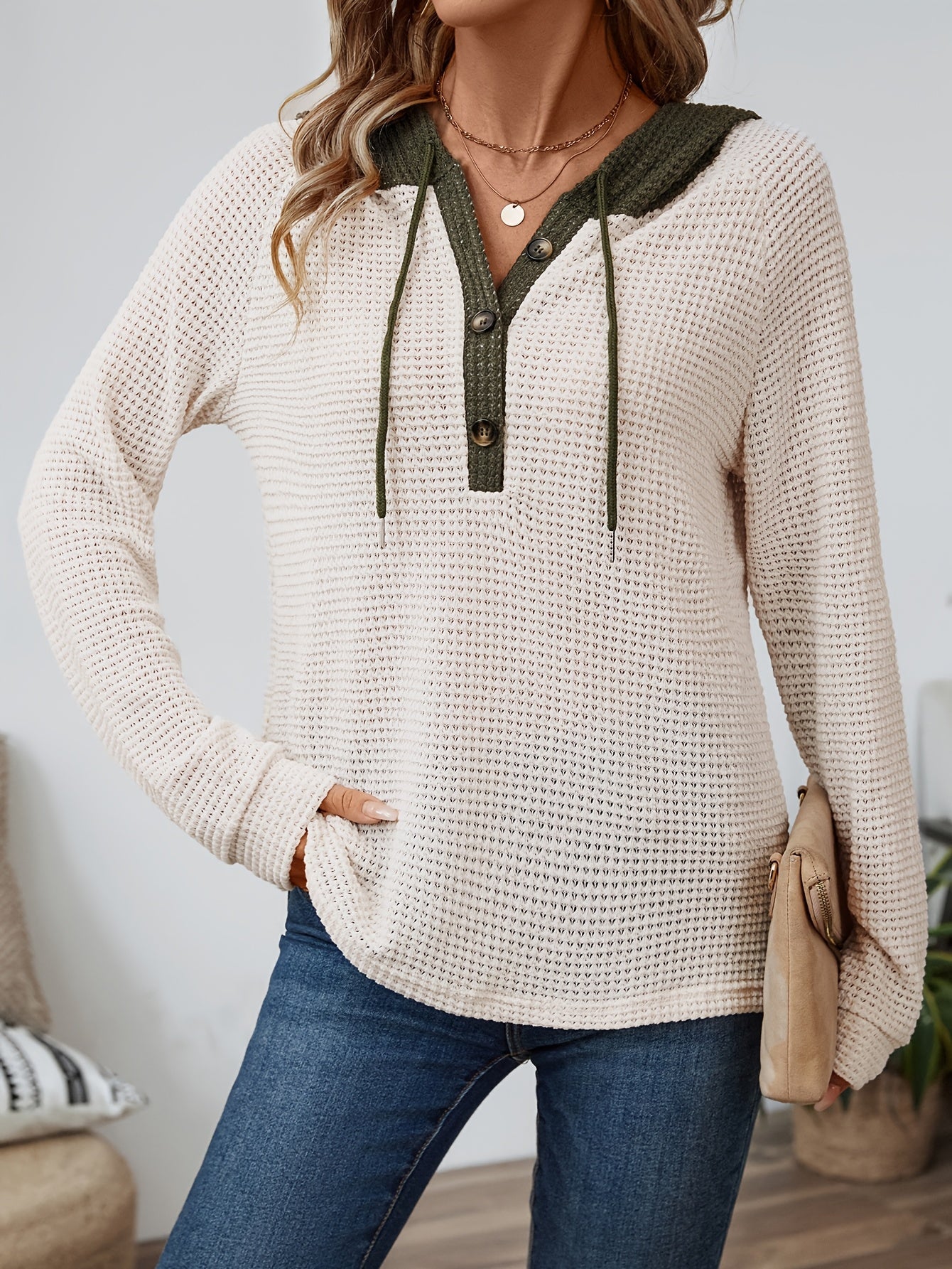 Waffle Knit Hoodie Top – Color Block Henley Long Sleeve