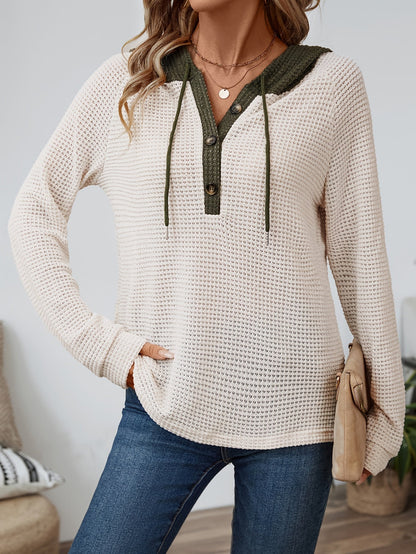 Waffle Knit Hoodie Top – Color Block Henley Long Sleeve