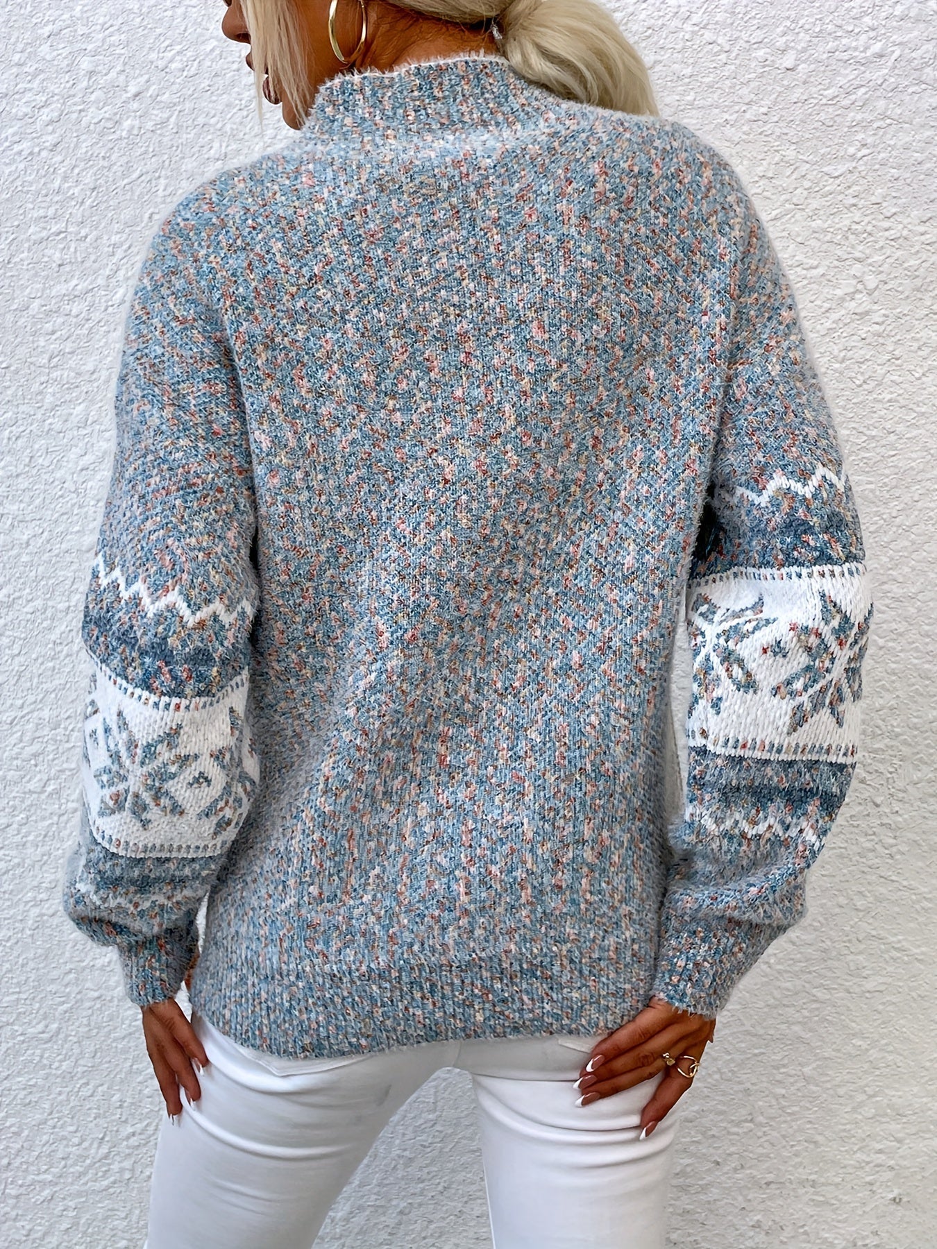 Fair Isle Snowflake Mock Neck Sweater – Relaxed Fit Winter Pullover